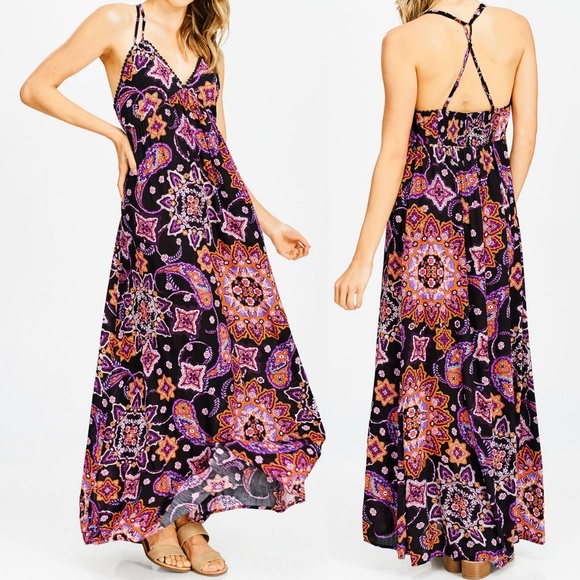Last☝️ Paisley Ethnic BOHO Crochet Trim Maxi Dress - Picture 3 of 8